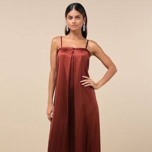 Lulus Modern Poise Rust Red Satin Pleated Sleeveless Maxi Dress - Size S